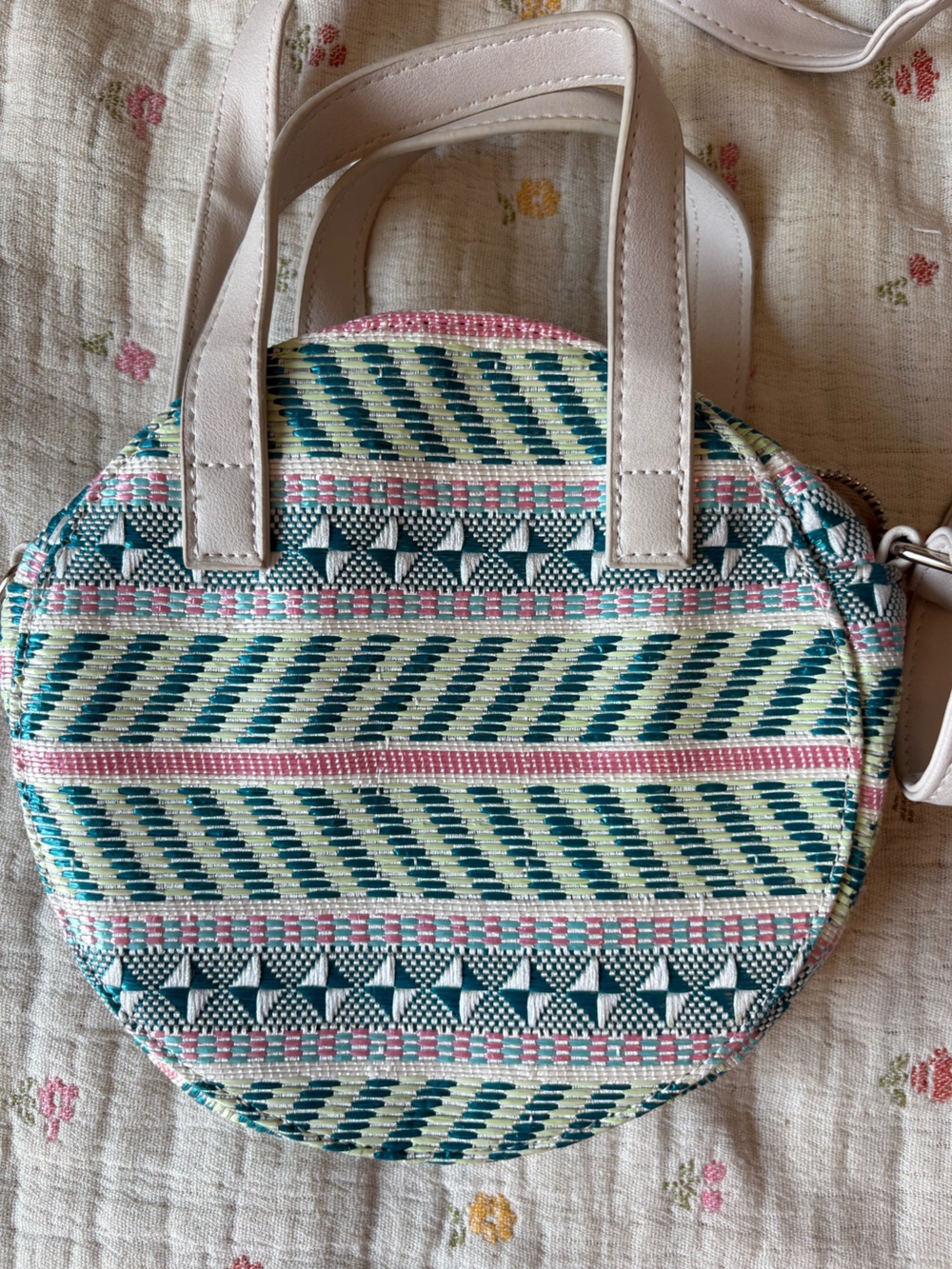 Unique Round Woven Colorful Crossbody Bag in Teal, Cream & Pink - Picture 10 of 10